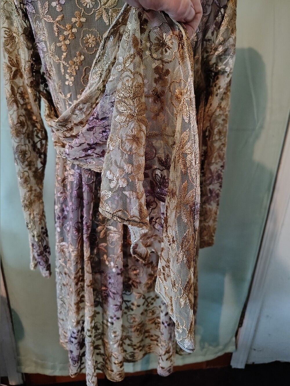 Wednesday's Child Mauve Gold Embroidery Floral Lace Dress Large Boho Vintage - Picture 10 of 16